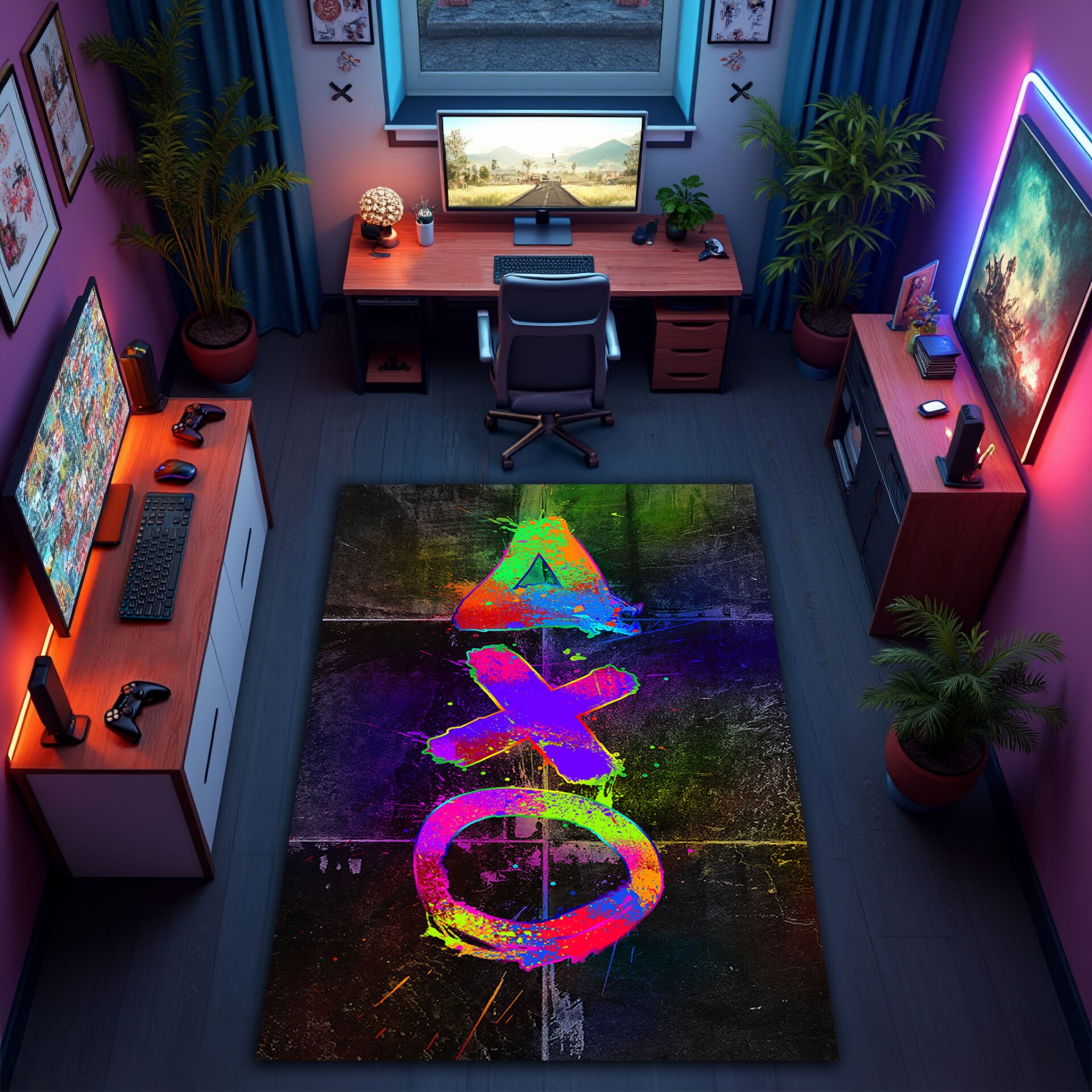 Vibrant Neon PlayStation Symbols Rug – Colorful Gamer Room Decor