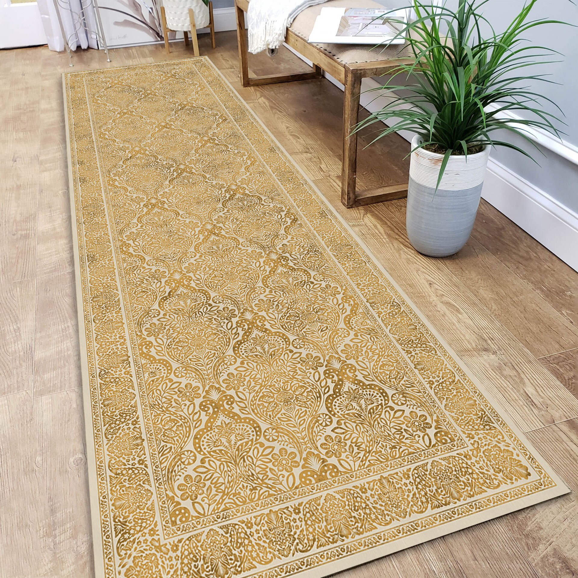 Golden Yellow Oriental Runner Rug Intricate Paisley Floral Pattern Carpet