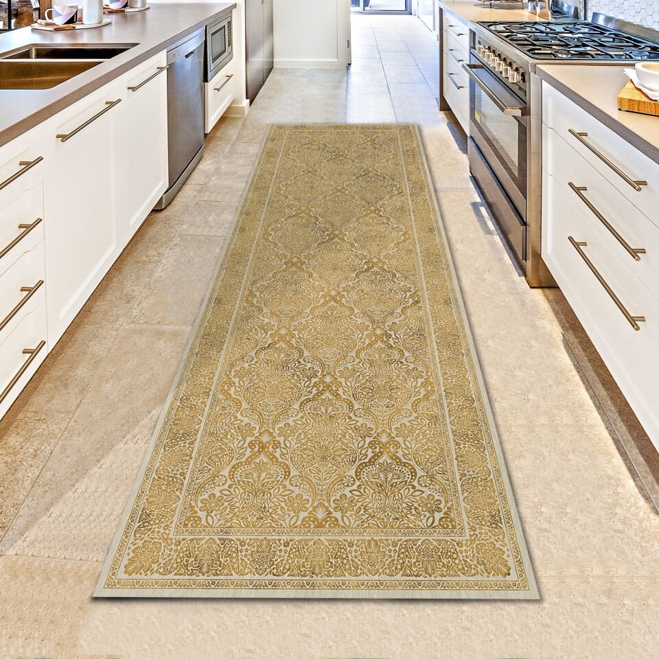 Golden Yellow Oriental Runner Rug Intricate Paisley Floral Pattern Carpet