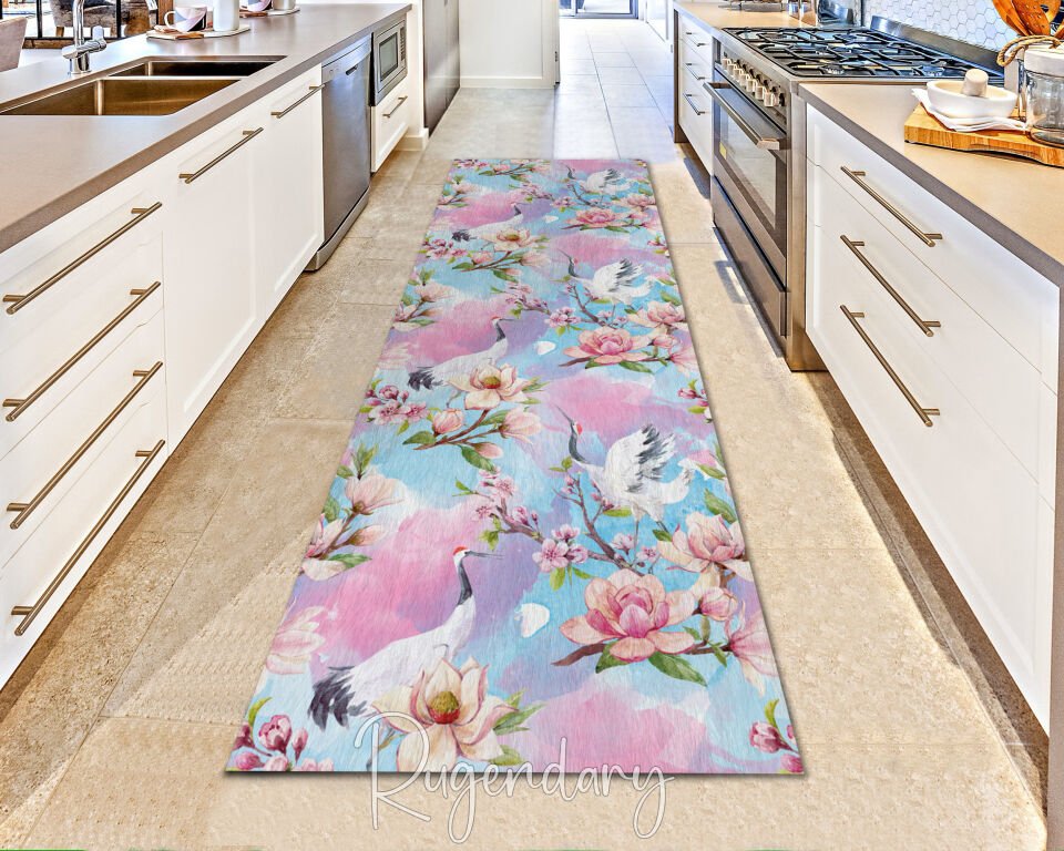 Stork and Pink Floral Design Runner Rug– Elegant Nature-Inspired Accent
