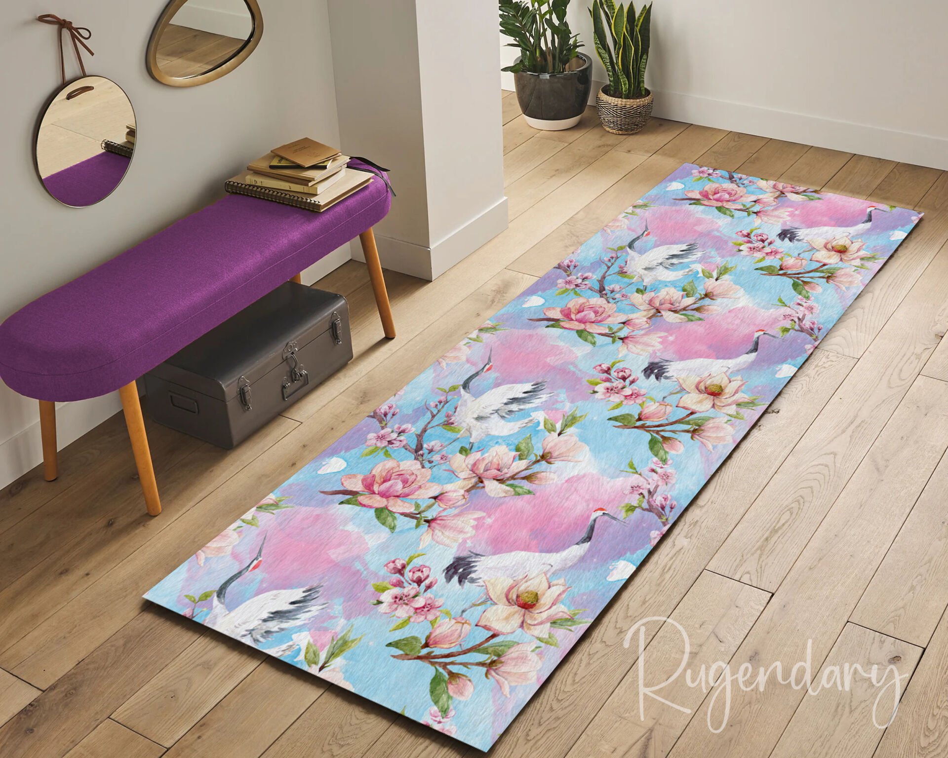 Stork and Pink Floral Design Runner Rug– Elegant Nature-Inspired Accent