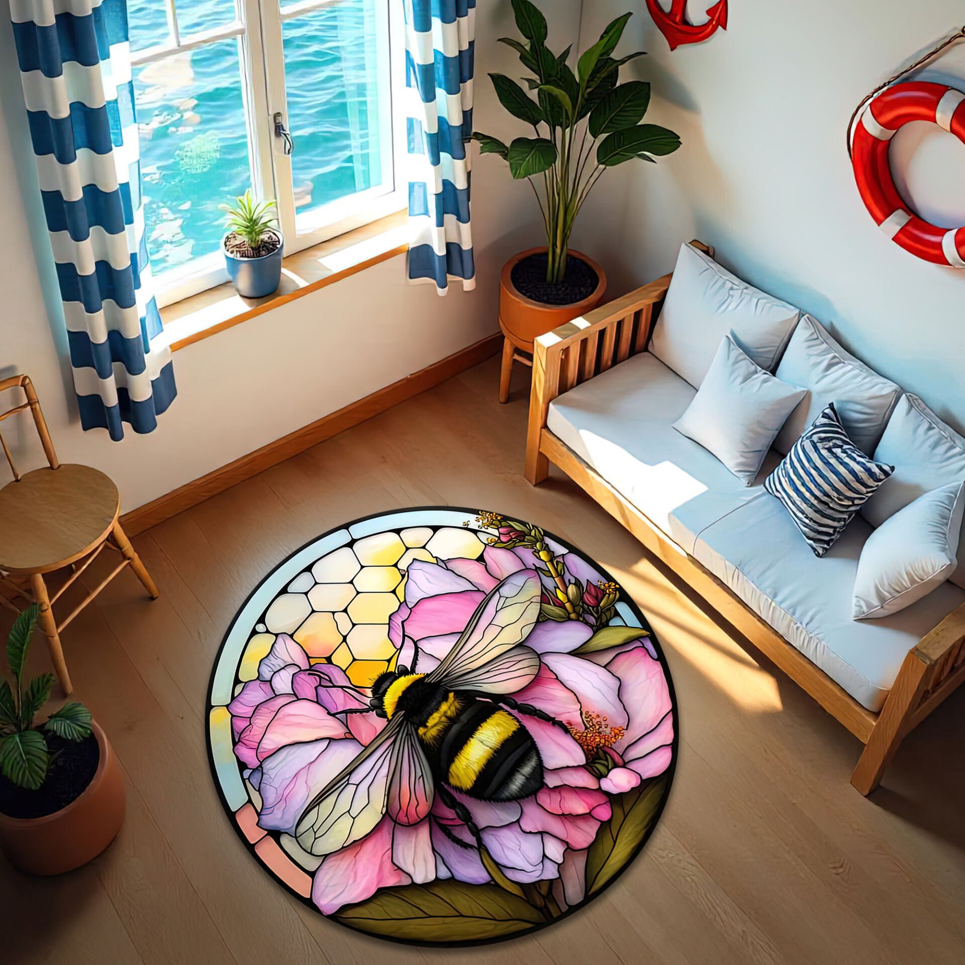 Round Stained Glass Bee & Flower Rug – Vibrant Pink Floral Honeybee Floor Mat