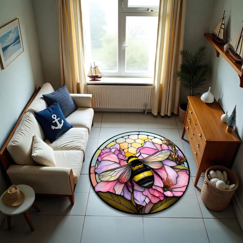 Round Stained Glass Bee & Flower Rug – Vibrant Pink Floral Honeybee Floor Mat