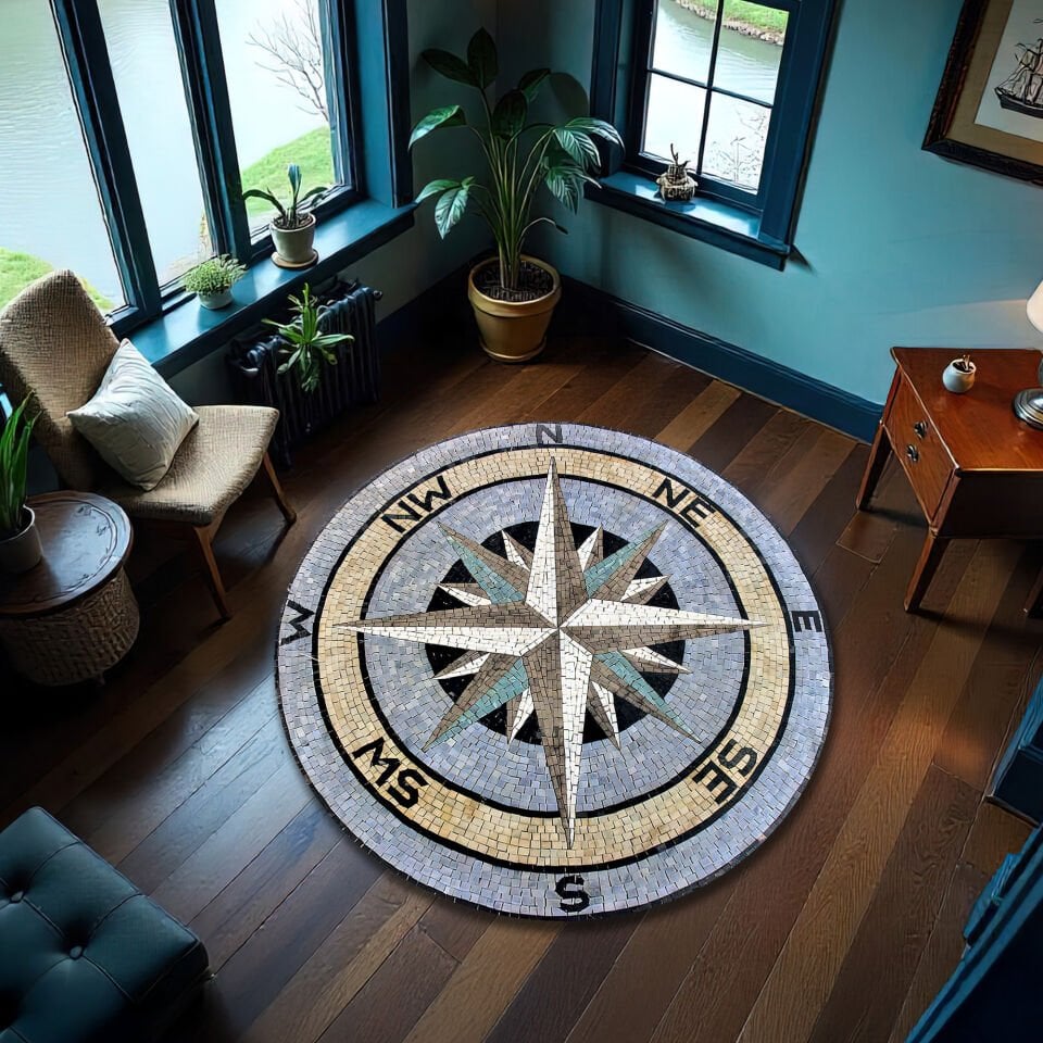 Mosaic Style Compass Rose Round Rug