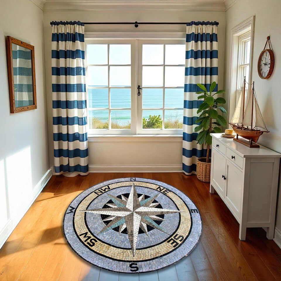 Mosaic Style Compass Rose Round Rug