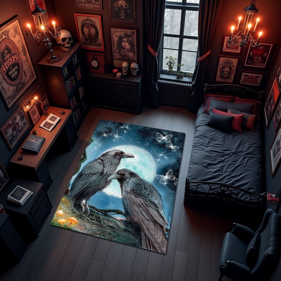 Gothic Raven Moonlight Rug – Mystical Dark Forest Carpet with Crows, Mushrooms & Butterflies for Witchy Aesthetic Rooms