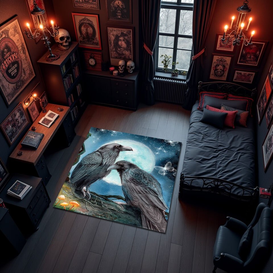 Gothic Raven Moonlight Rug – Mystical Dark Forest Carpet with Crows, Mushrooms & Butterflies for Witchy Aesthetic Rooms
