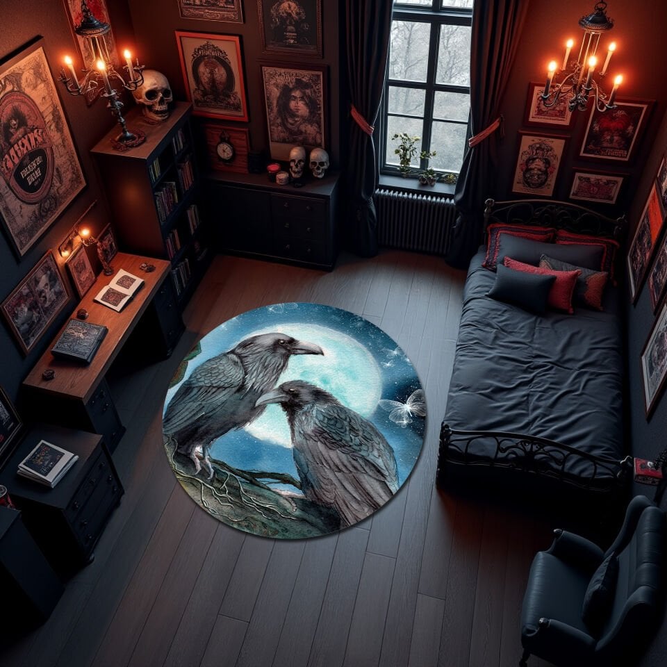 Gothic Raven Moonlight Rug – Mystical Dark Forest Carpet with Crows, Mushrooms & Butterflies for Witchy Aesthetic Rooms