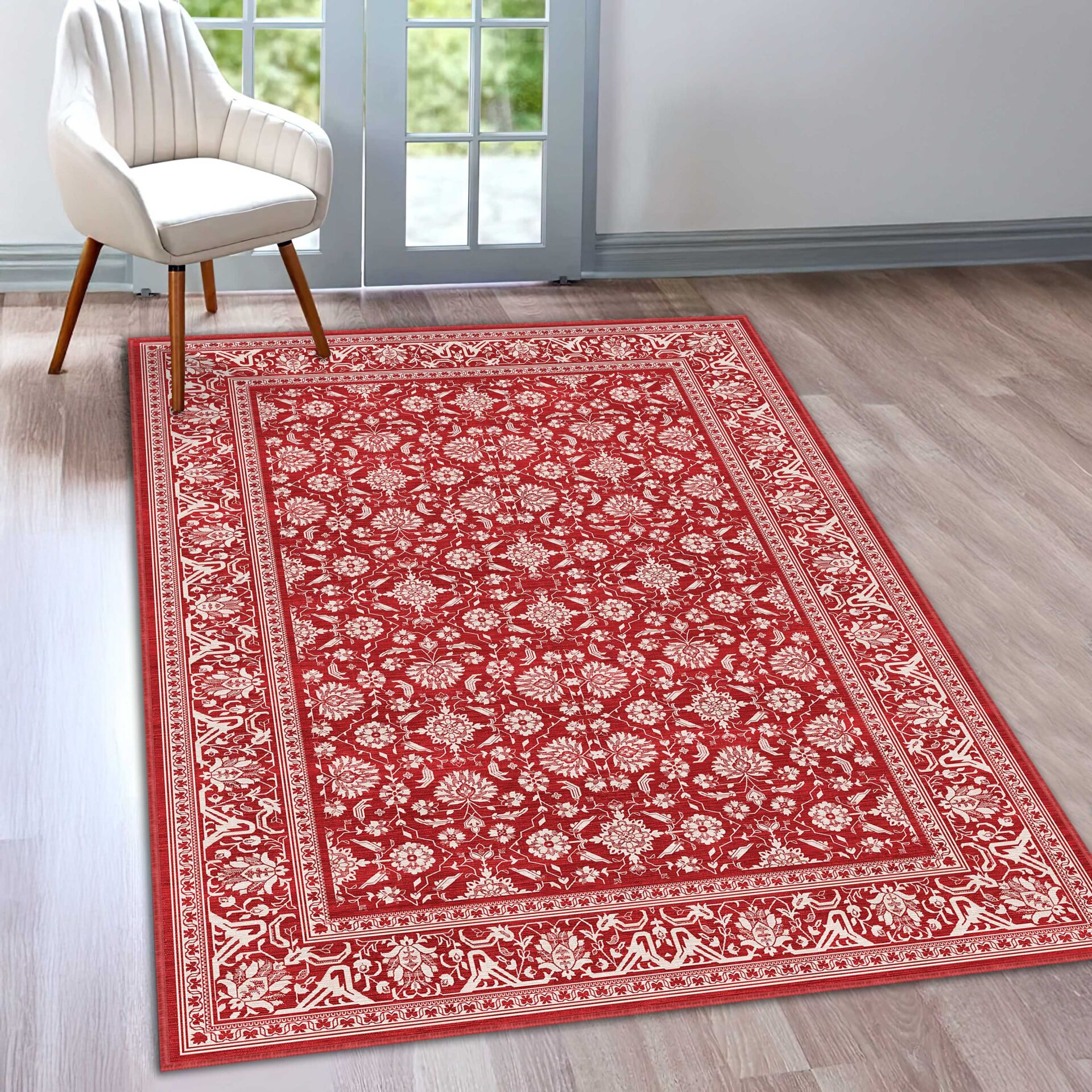 Red Pattern Area Rug with Decorative Border Accents