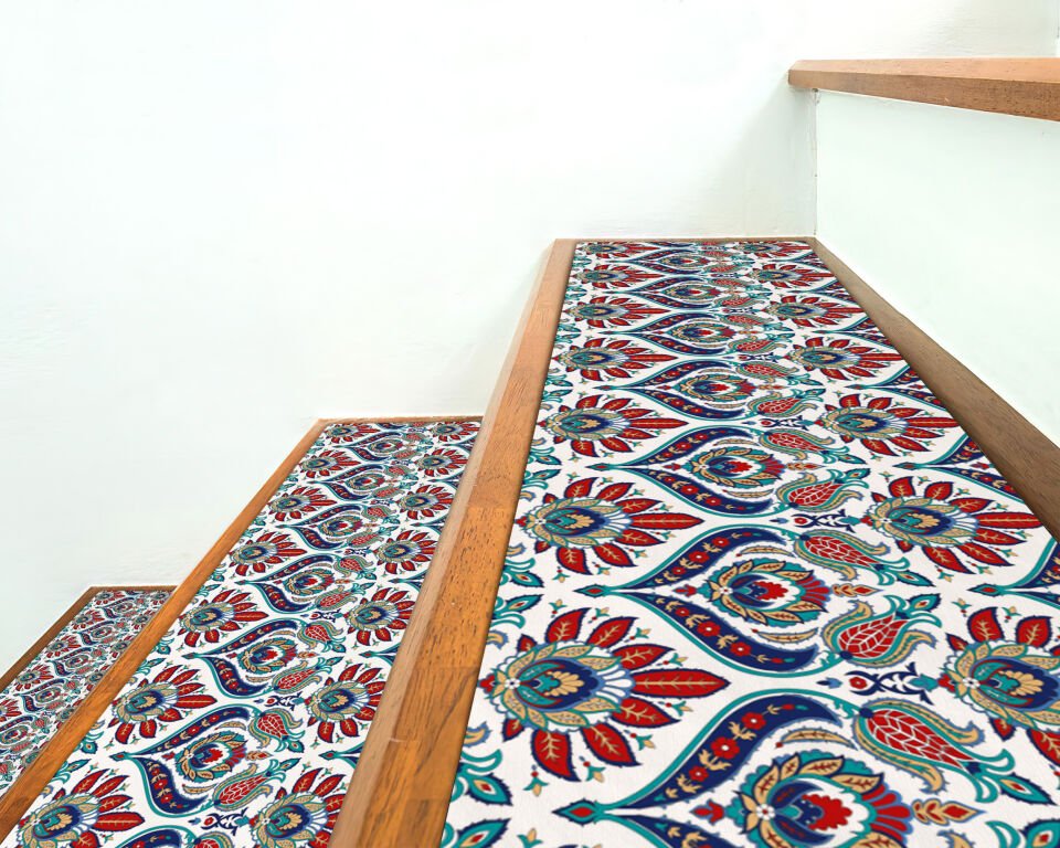 Blue and Red Floral Damask Stair Treads – Elegant Vintage Pattern Stair Mats