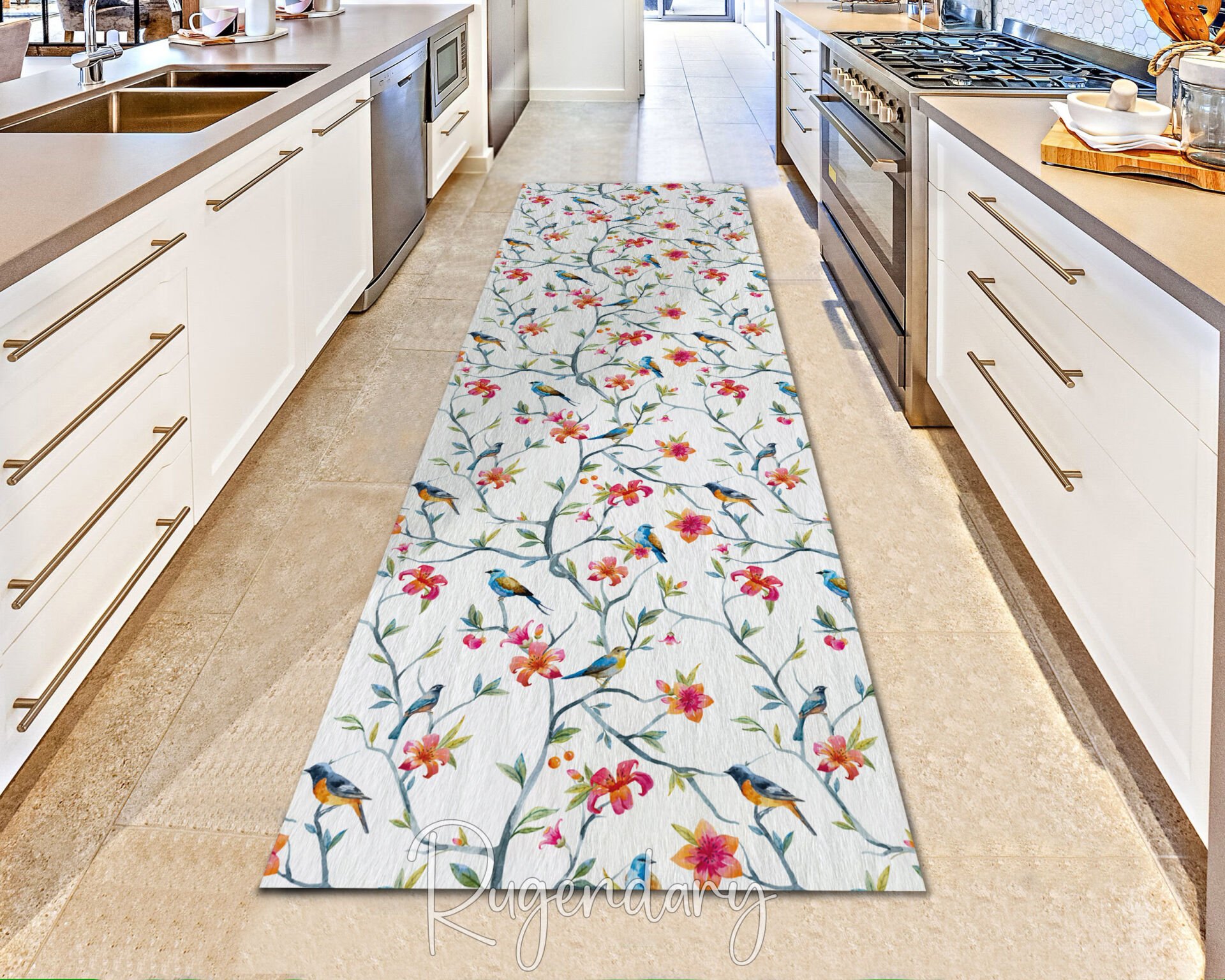 Bird & Flower Runner Rug – Elegant Botanical Design, Non-Slip & Washable Hallway Carpet