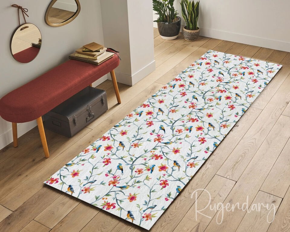 Bird & Flower Runner Rug – Elegant Botanical Design, Non-Slip & Washable Hallway Carpet