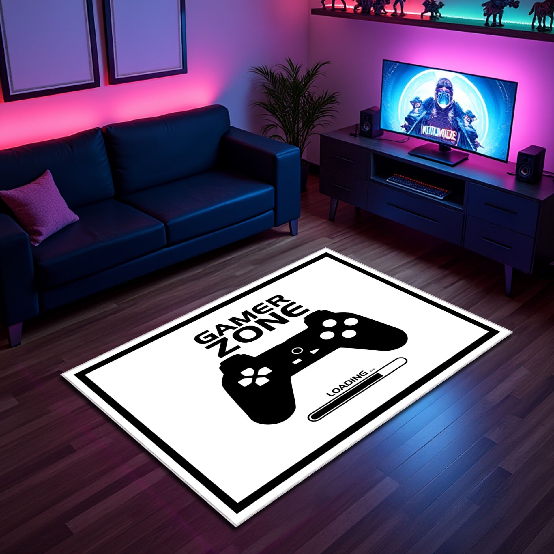 Gamer Zone Loading Game Room Rug – White and Black Controller Design Carpet for Ultimate Gaming Setup