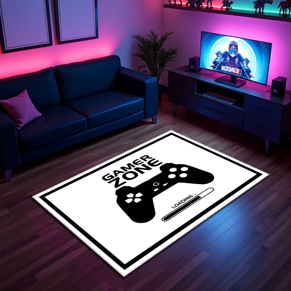 Gamer Zone Loading Game Room Rug – White and Black Controller Design Carpet for Ultimate Gaming Setup