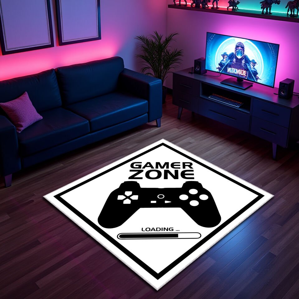 Gamer Zone Loading Game Room Rug – White and Black Controller Design Carpet for Ultimate Gaming Setup