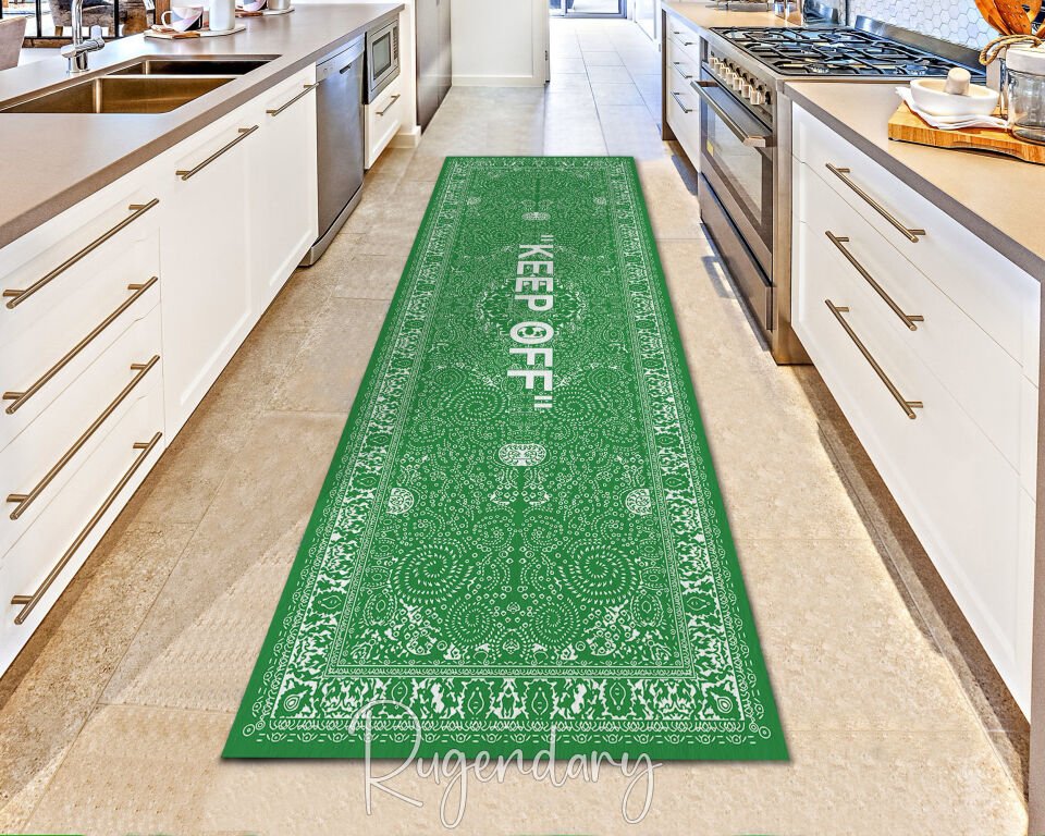 Green & White ''KEEP OFF'' Runner Rug – Modern Statement Hallway Carpet
