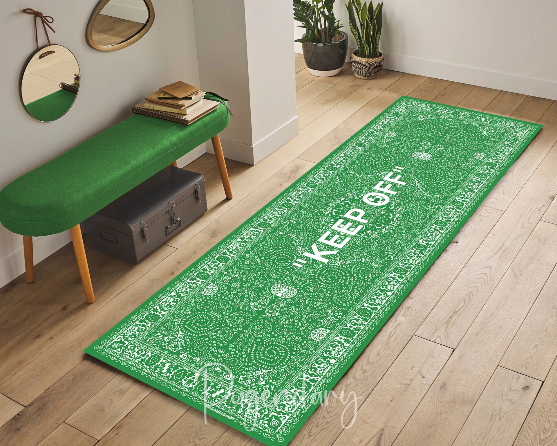 Green & White ''KEEP OFF'' Runner Rug – Modern Statement Hallway Carpet