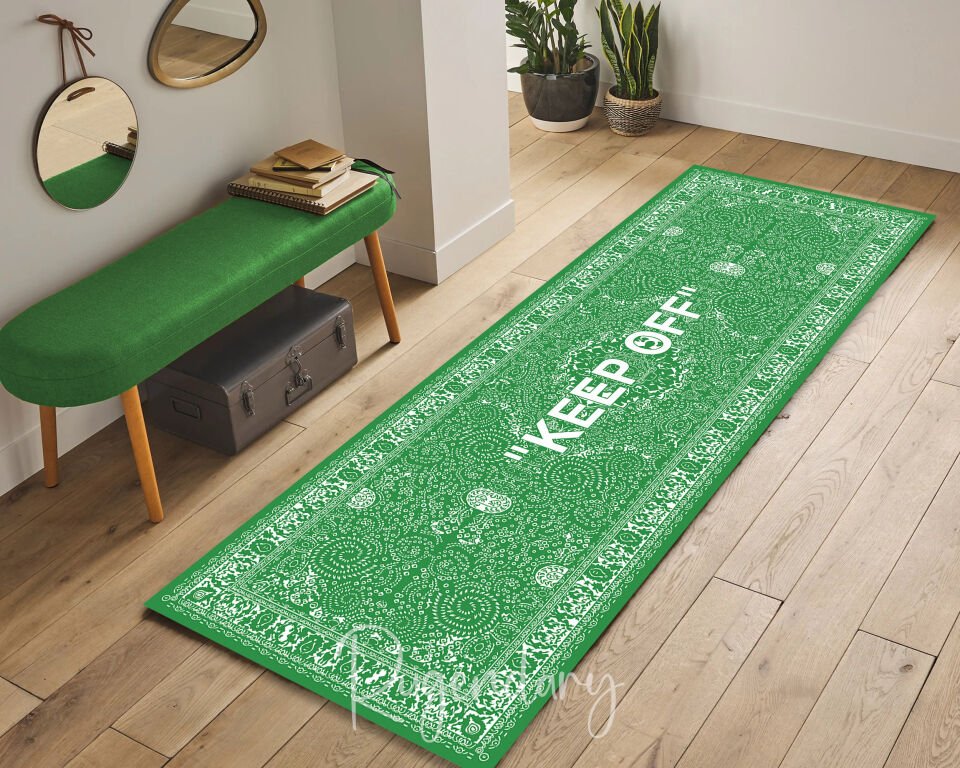Green & White ''KEEP OFF'' Runner Rug – Modern Statement Hallway Carpet