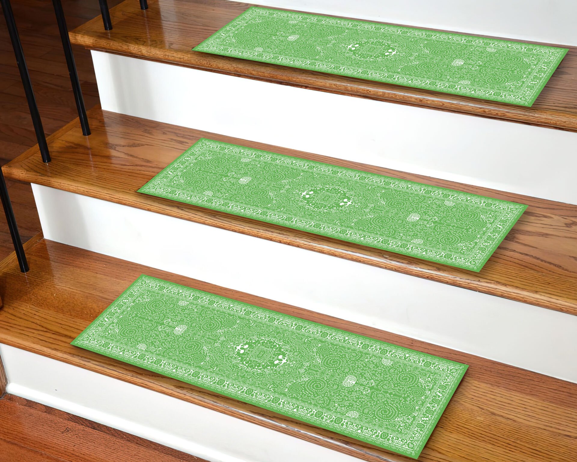 Fresh Green Vintage Pattern Stair Treads – Elegant Non-Slip Step Mats for Stylish Homes