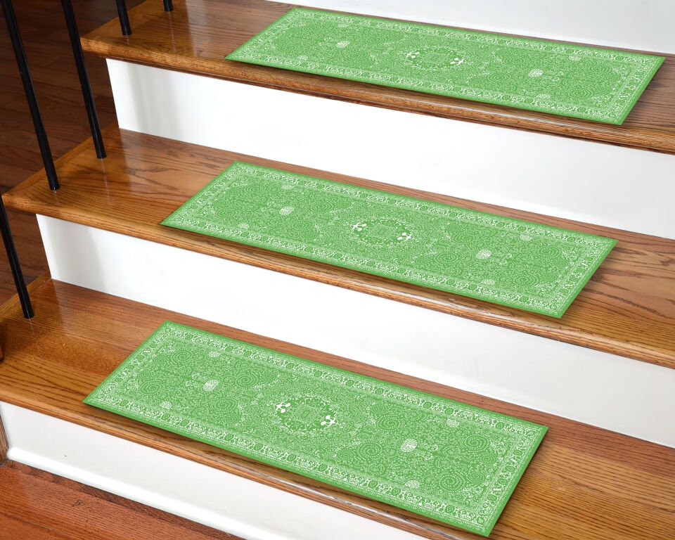Fresh Green Vintage Pattern Stair Treads – Elegant Non-Slip Step Mats for Stylish Homes