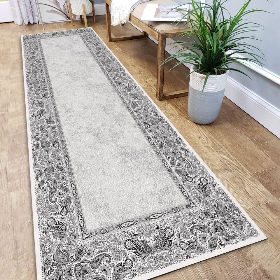 Black and White Paisley Border Kitchen Runner Rug Hallway Carpet for Kitchen