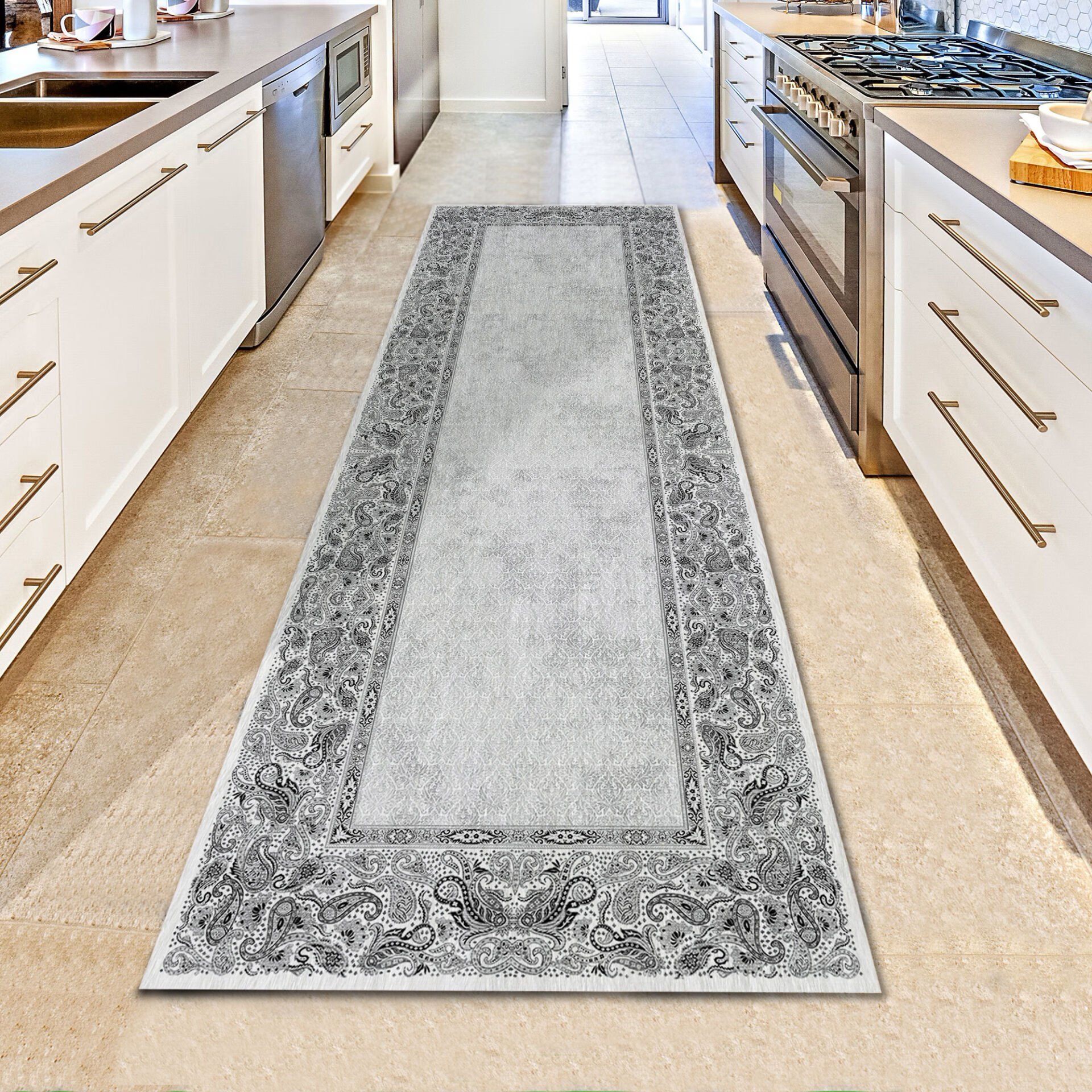 Black and White Paisley Border Kitchen Runner Rug Hallway Carpet for Kitchen