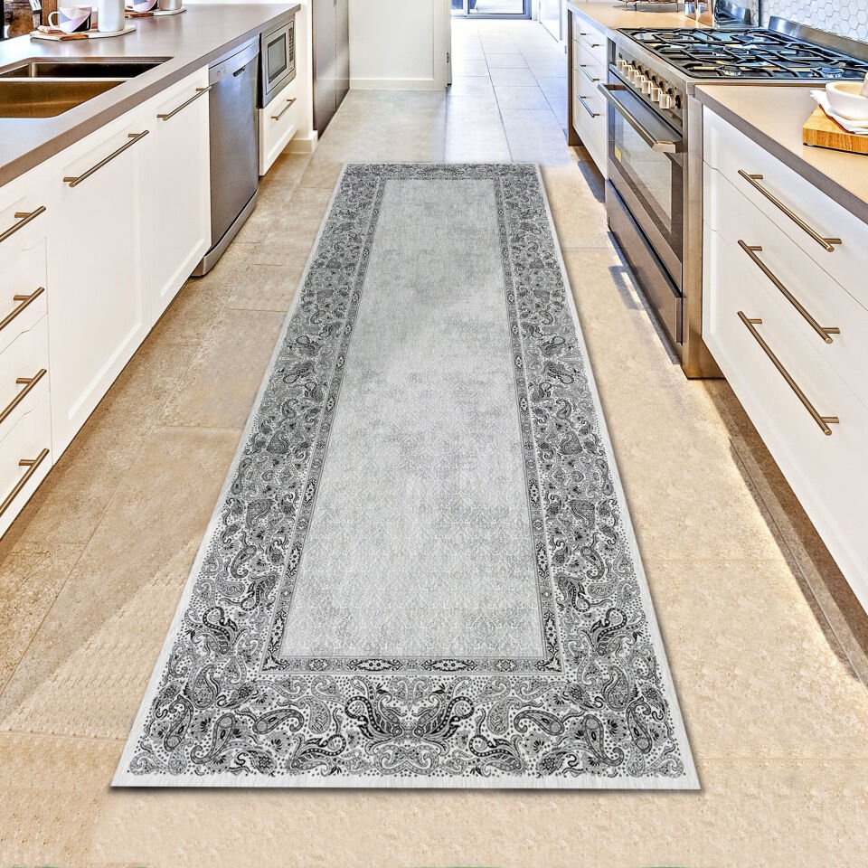 Black and White Paisley Border Kitchen Runner Rug Hallway Carpet for Kitchen