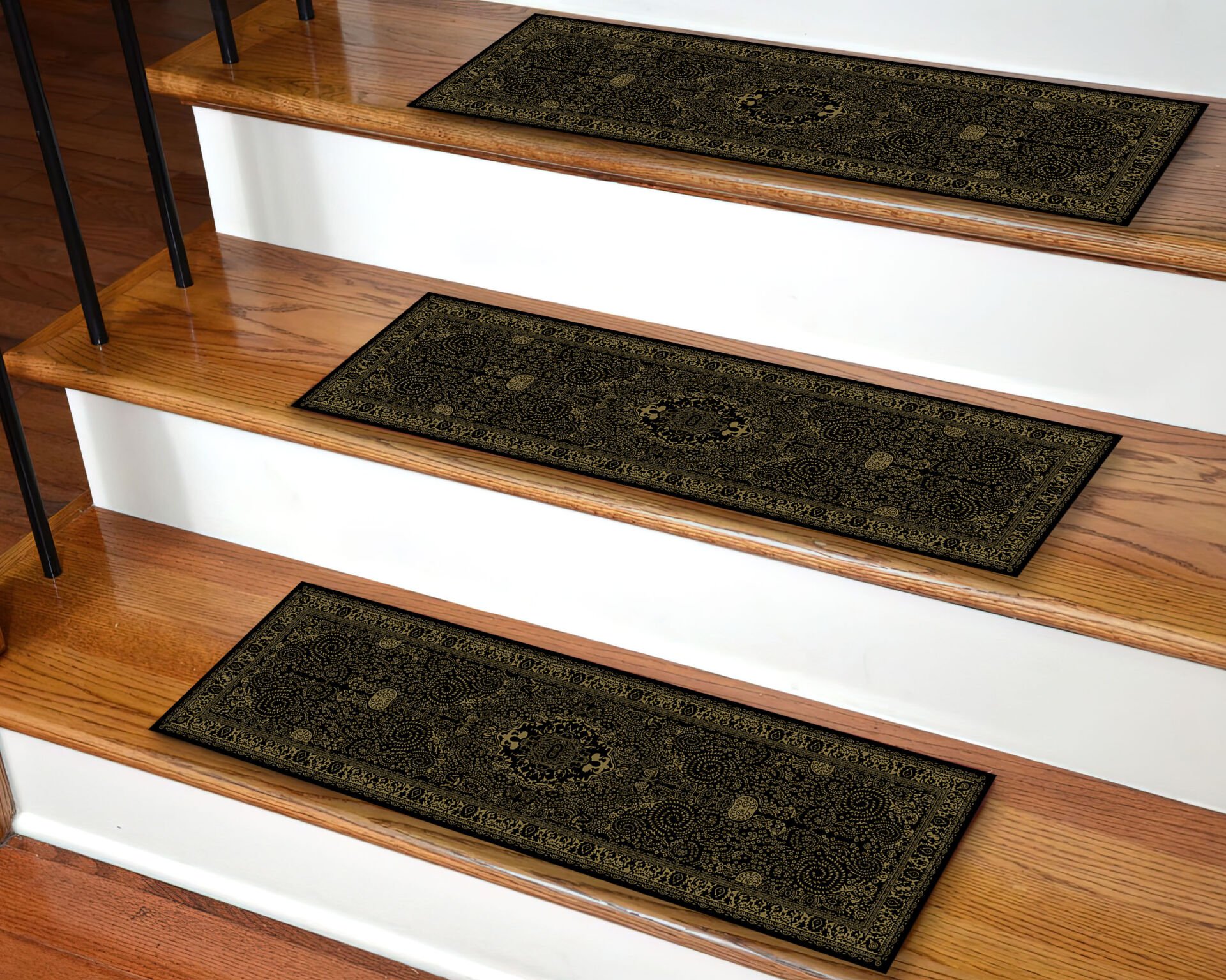 Elegant Black Stair Treads – Classic Pattern Non-Slip Mats