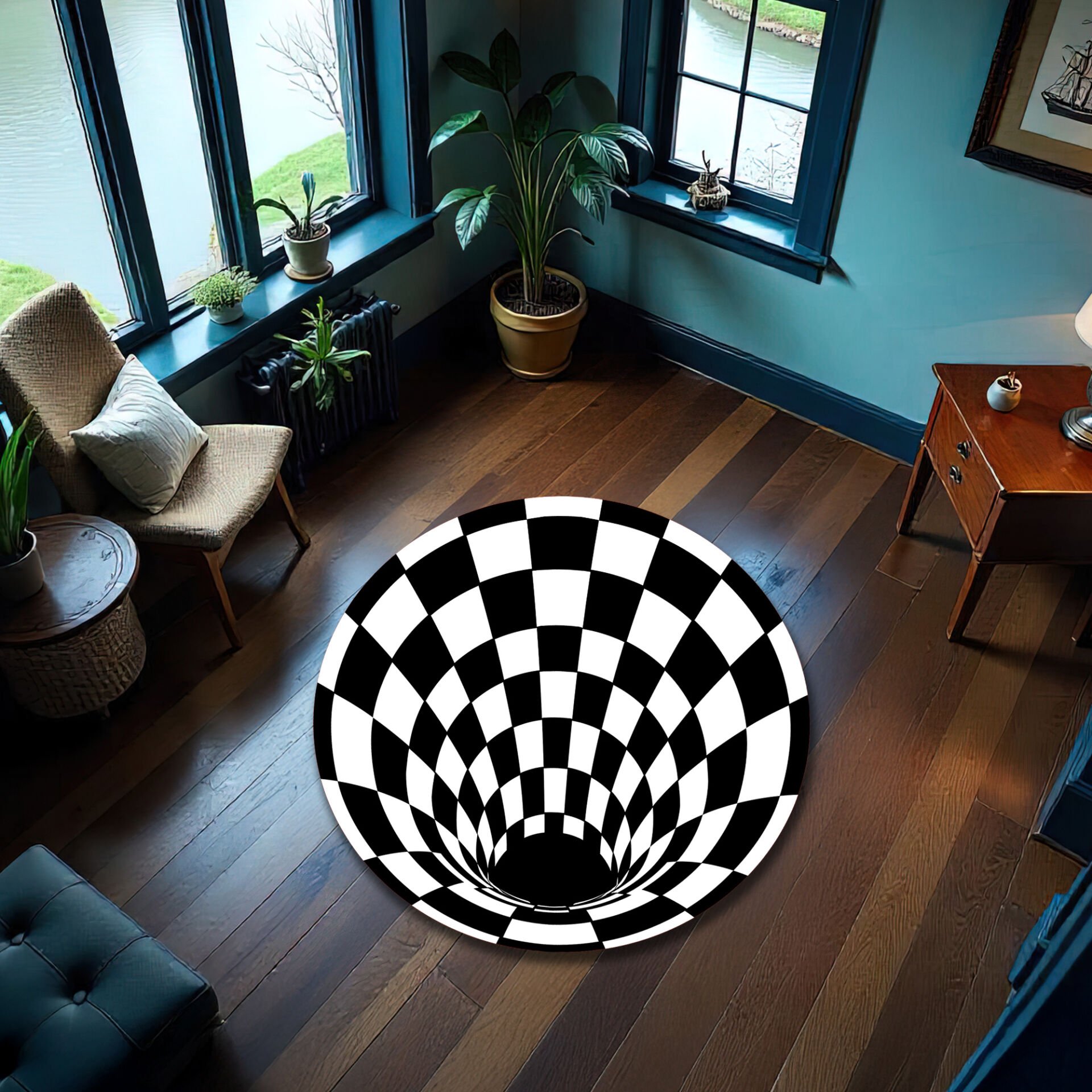 3D Black and White Tunnel Illusion Rug – Round Optical Depth Carpet