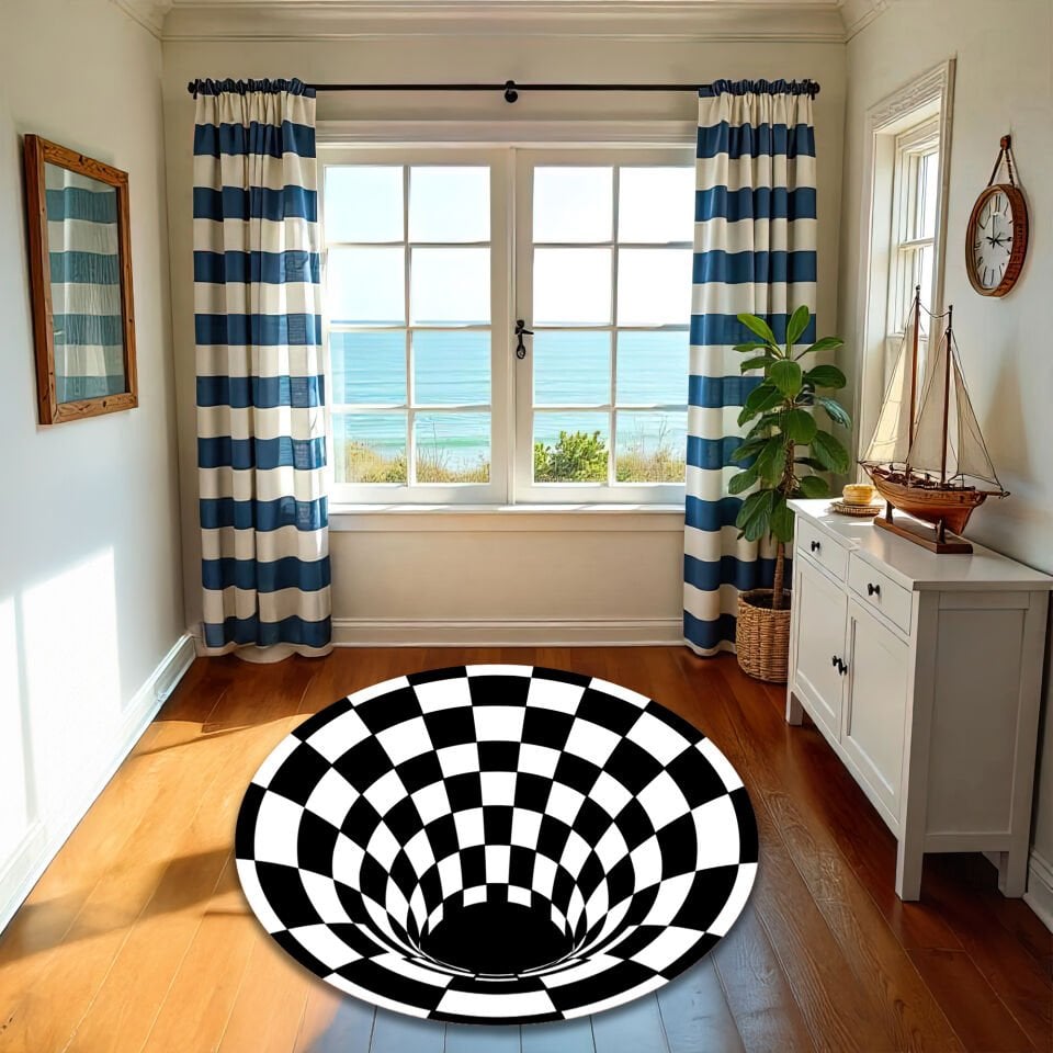 3D Black and White Tunnel Illusion Rug – Round Optical Depth Carpet