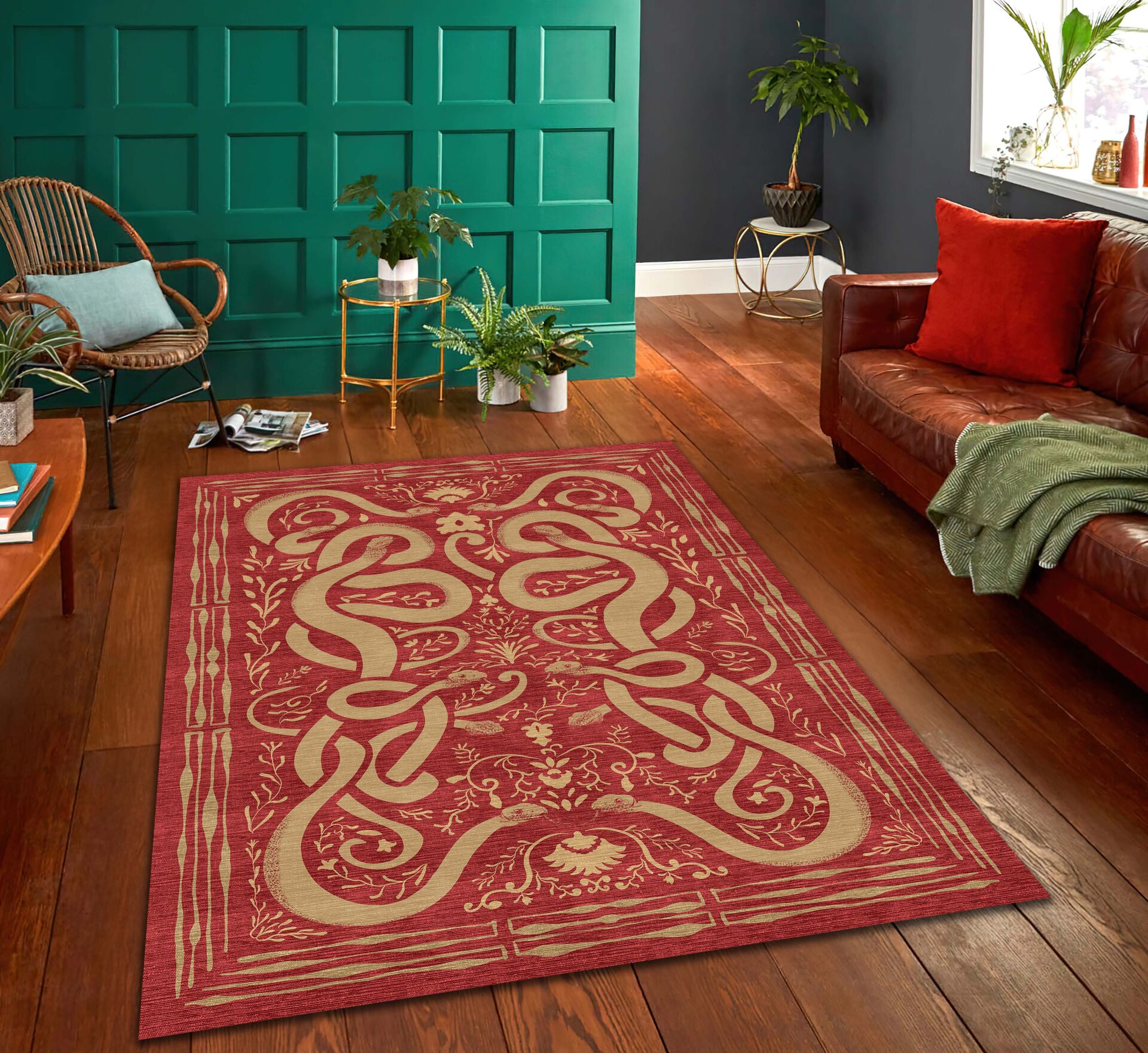 Red Snake Motif Tribal Rug Ethnic Art Decorative Carpet