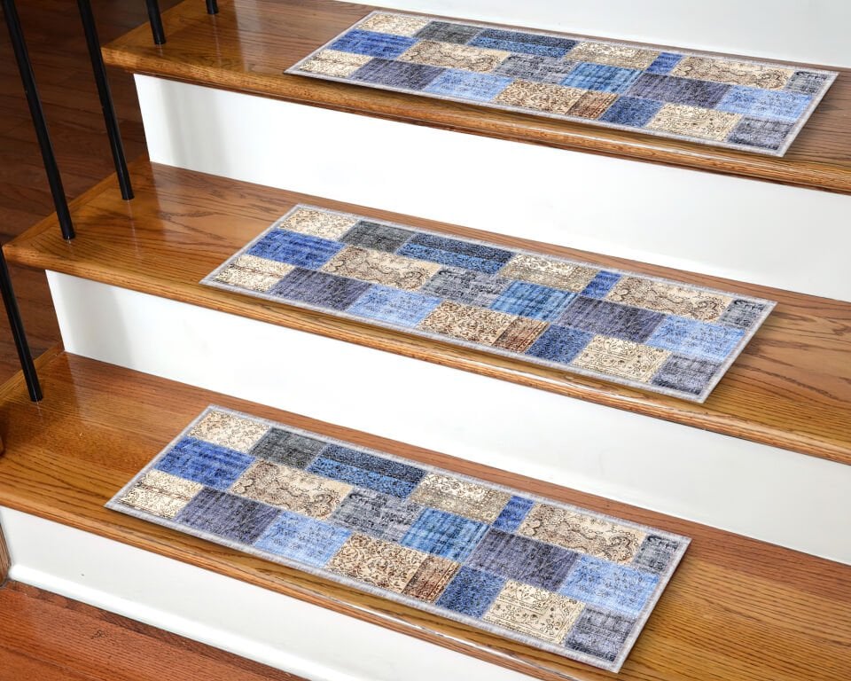 Blue Patchwork Stair Treads – Non-Slip Vintage Style Stair Mats