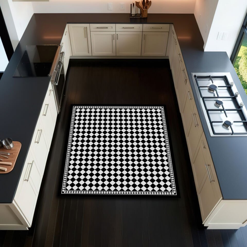 Kitchen Checkered Rug – Black and White Small Square Geometric Mat