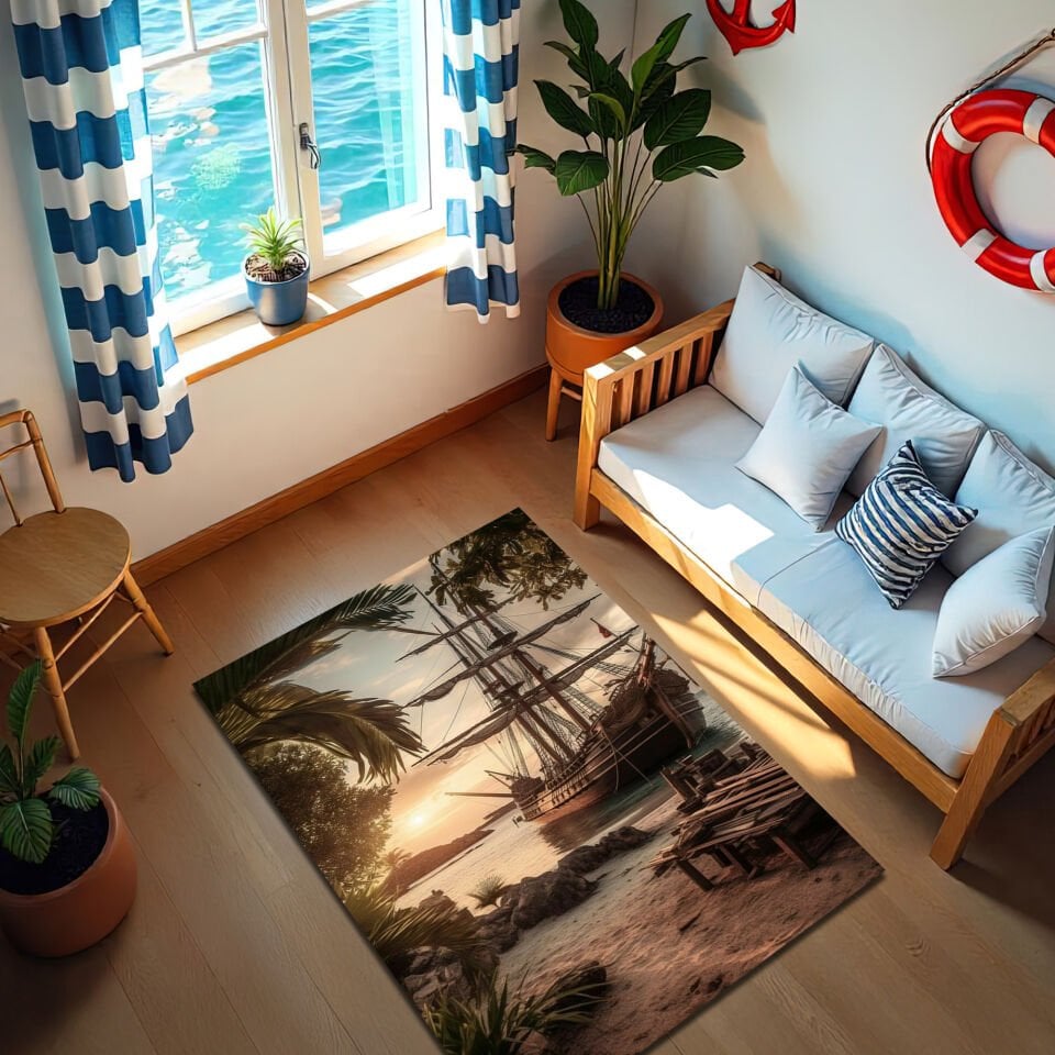 Vintage Pirate Ship at Sunset Rug – Tropical Harbor Scene