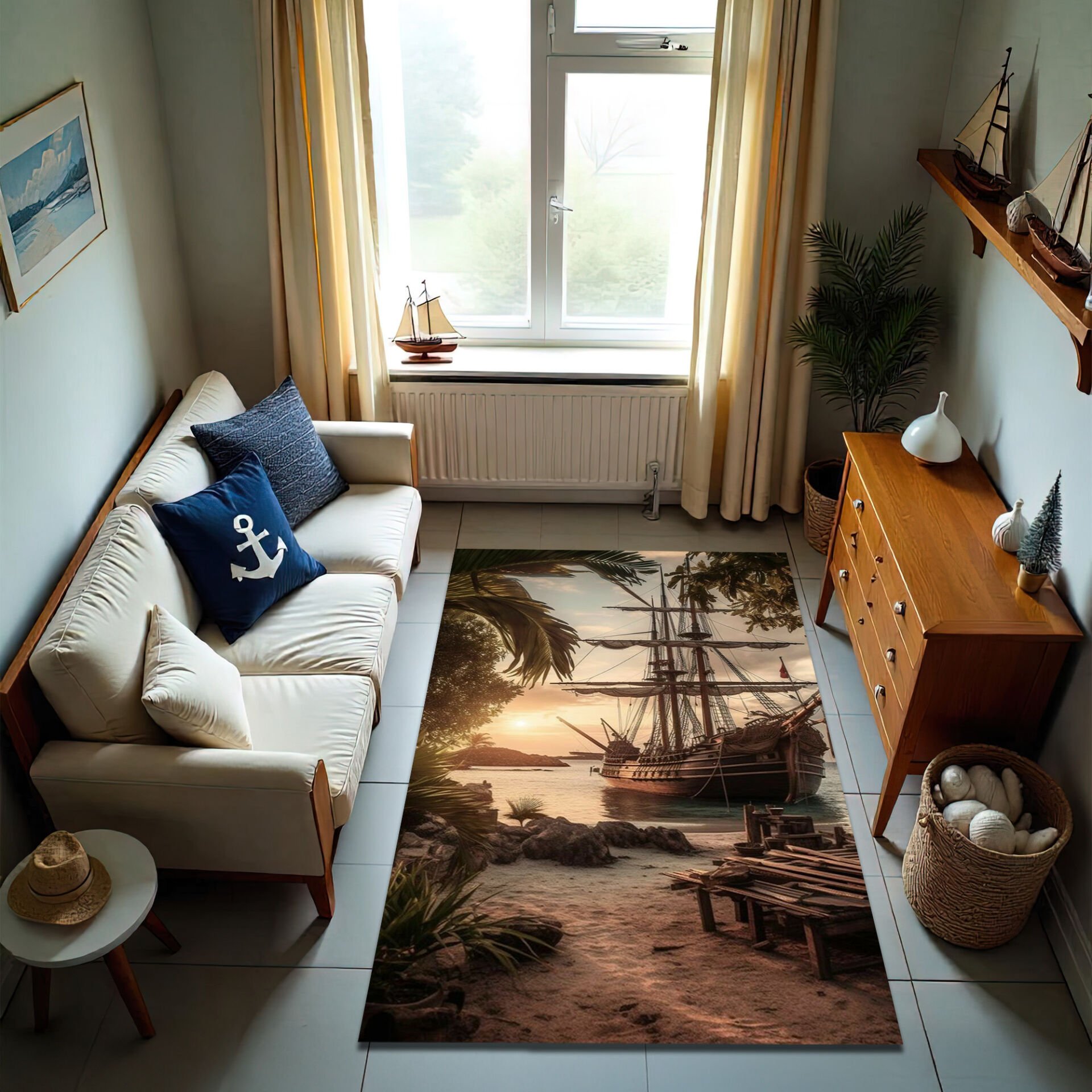Vintage Pirate Ship at Sunset Rug – Tropical Harbor Scene