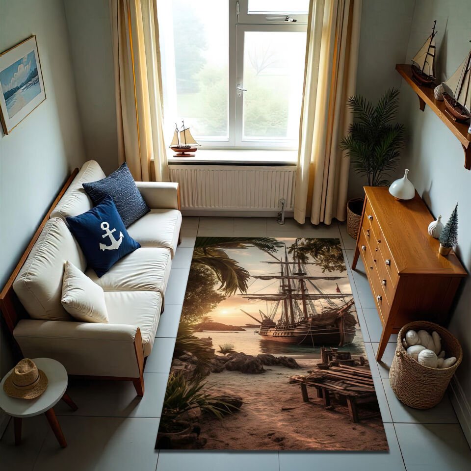 Vintage Pirate Ship at Sunset Rug – Tropical Harbor Scene