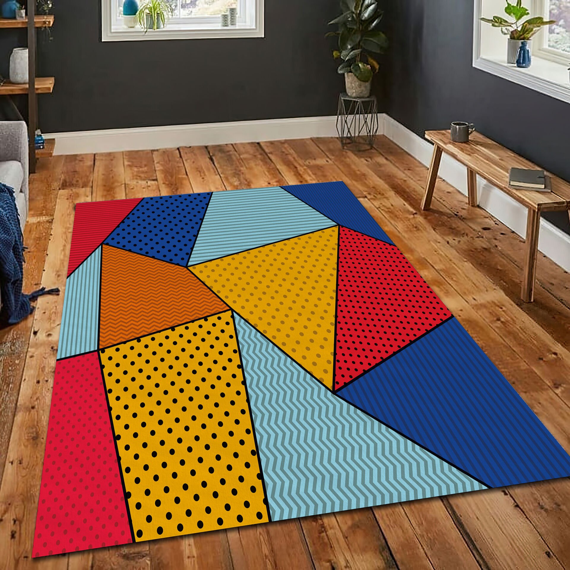 Abstract Geometric Rug Pop Art Carpet Colorful Graphic Floor Mat Retro Modern Home Decor