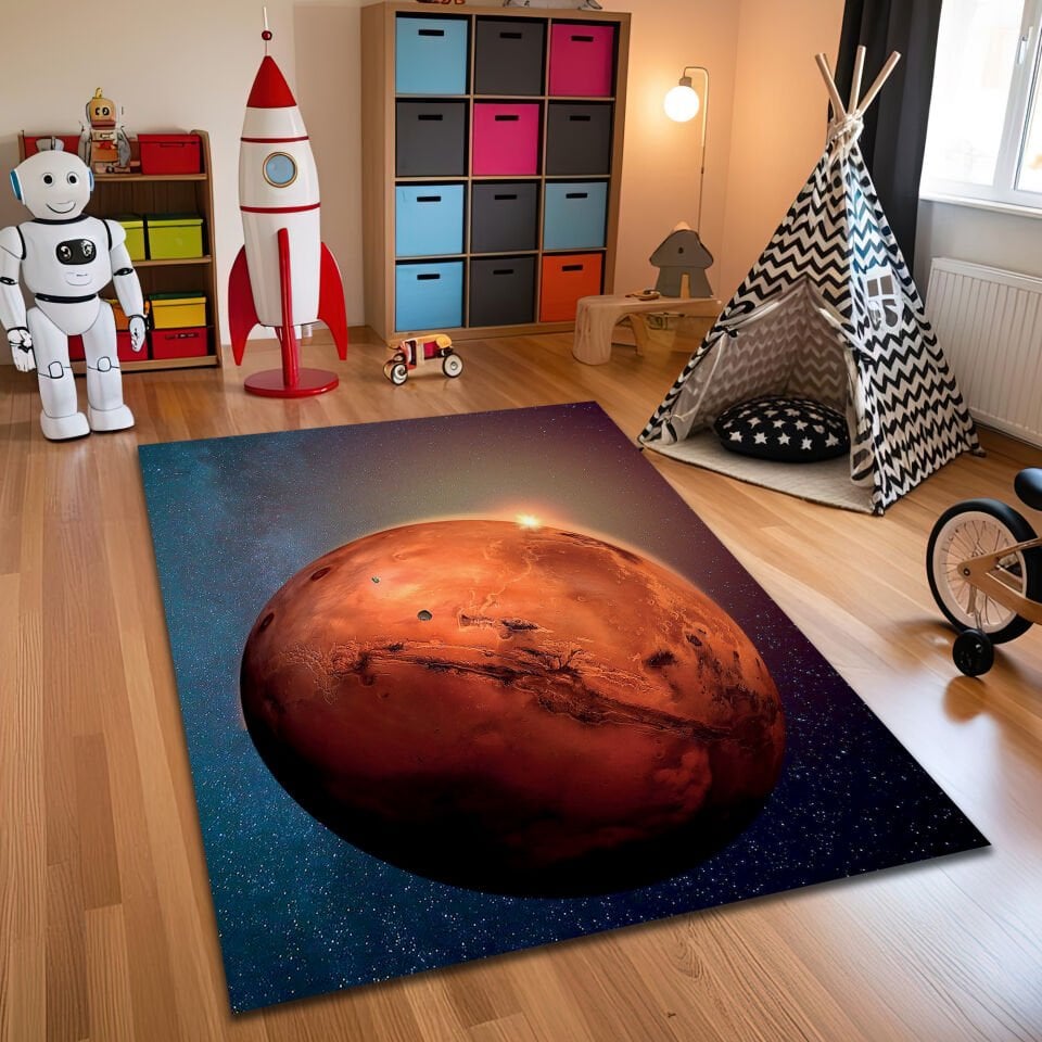 Realistic Mars Surface Kids Rug – Planet Mars Themed Space Carpet