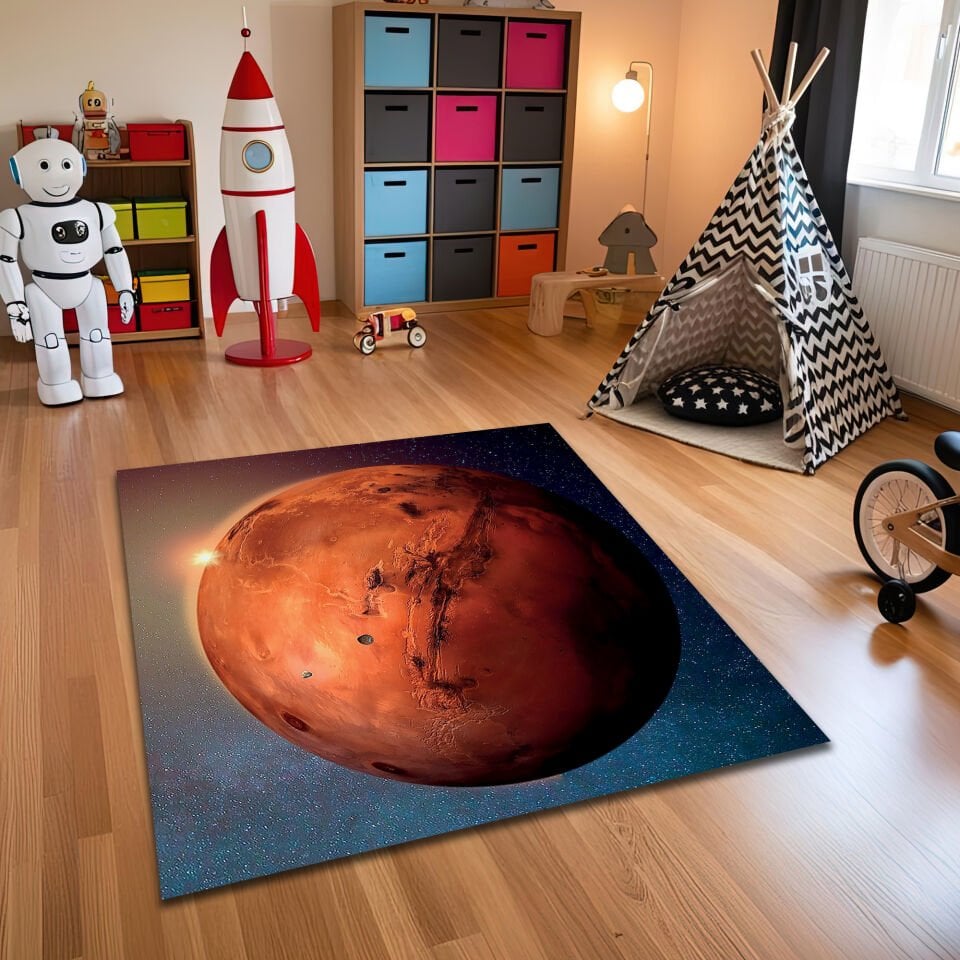 Realistic Mars Surface Kids Rug – Planet Mars Themed Space Carpet