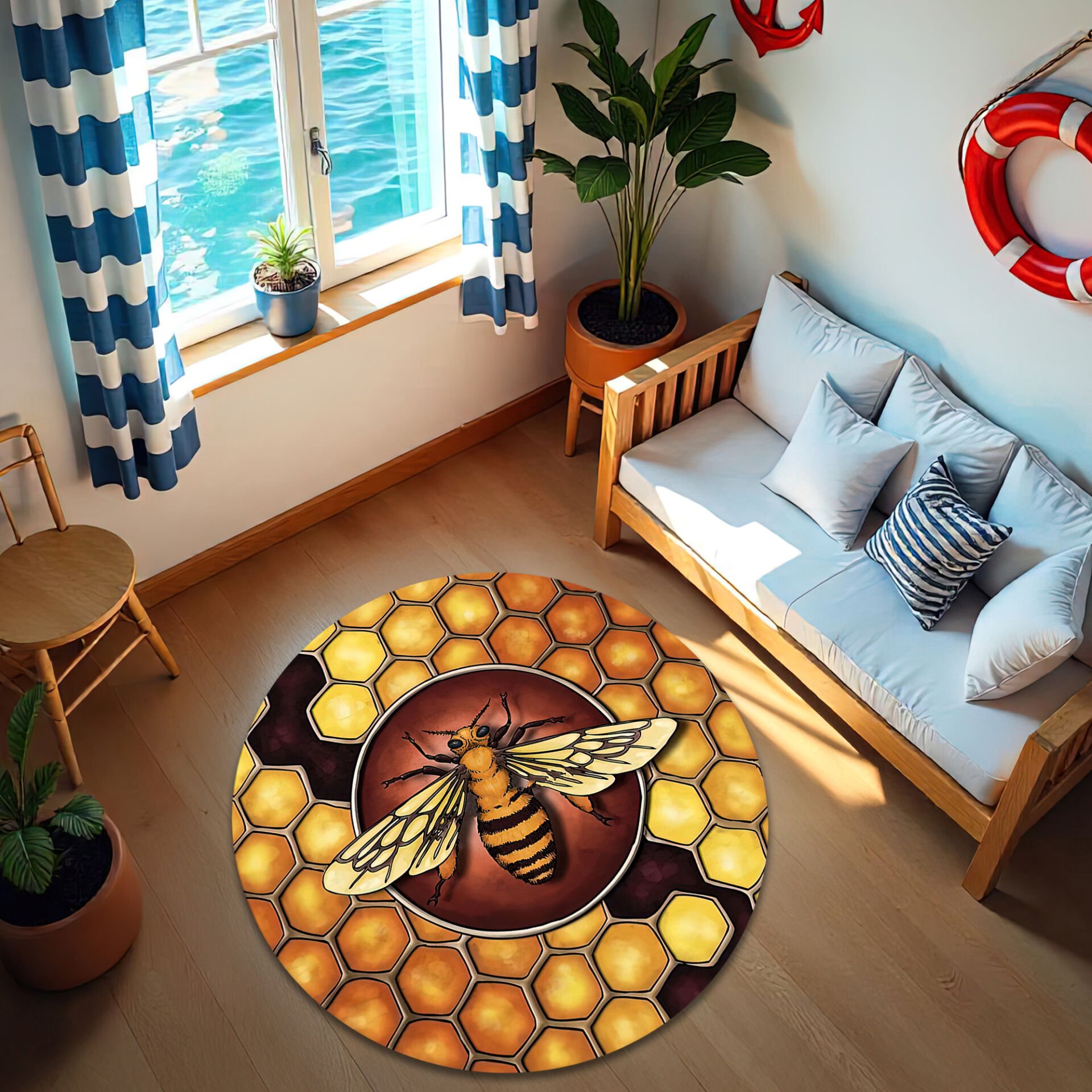 Round Honeycomb & Bee Rug – Stained Glass Style Hexagonal Pattern Floor Mat