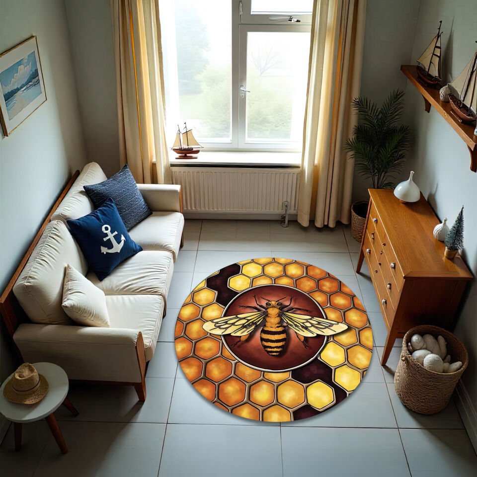 Round Honeycomb & Bee Rug – Stained Glass Style Hexagonal Pattern Floor Mat