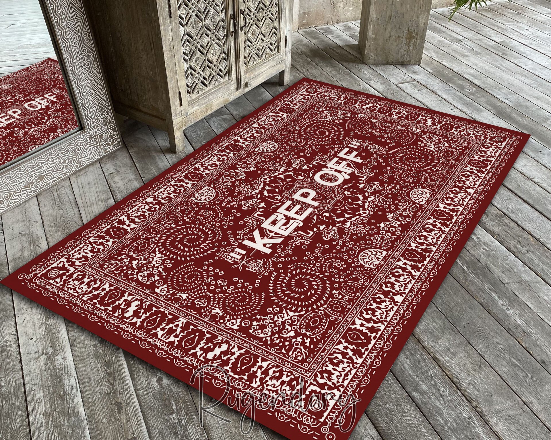 Red Area Rug with ''KEEP OFF'' Quote – Modern Living Room Carpet