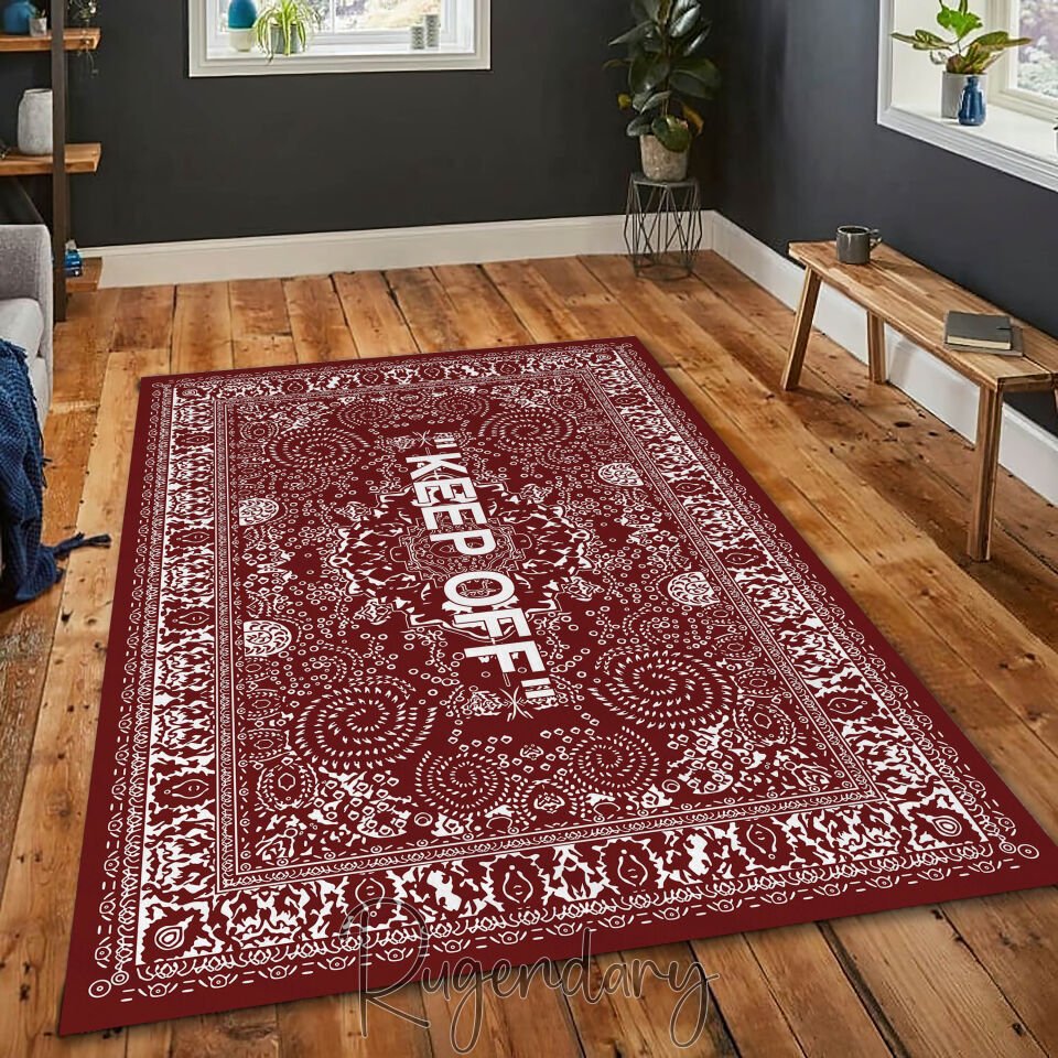 Red Area Rug with ''KEEP OFF'' Quote – Modern Living Room Carpet