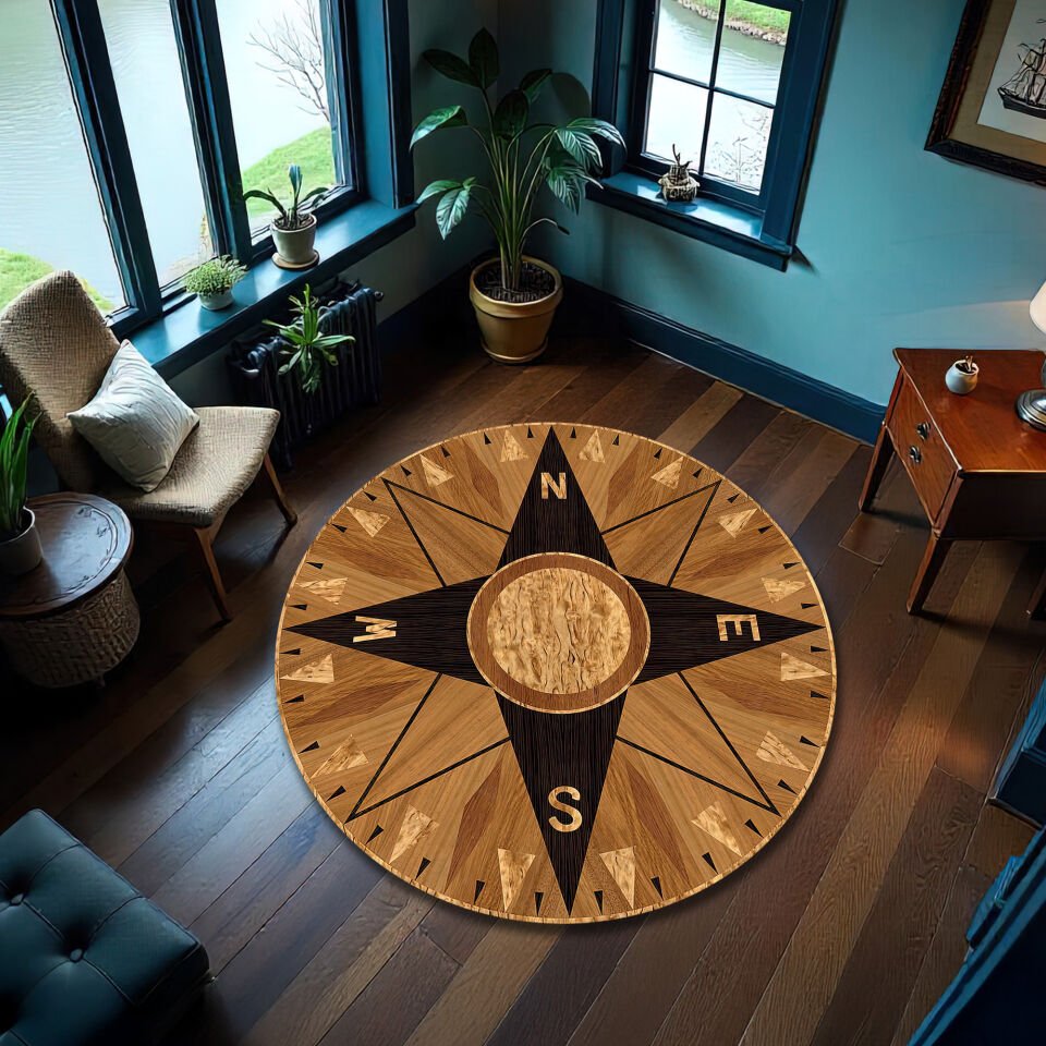 Wooden Style Compass Rose Round Rug