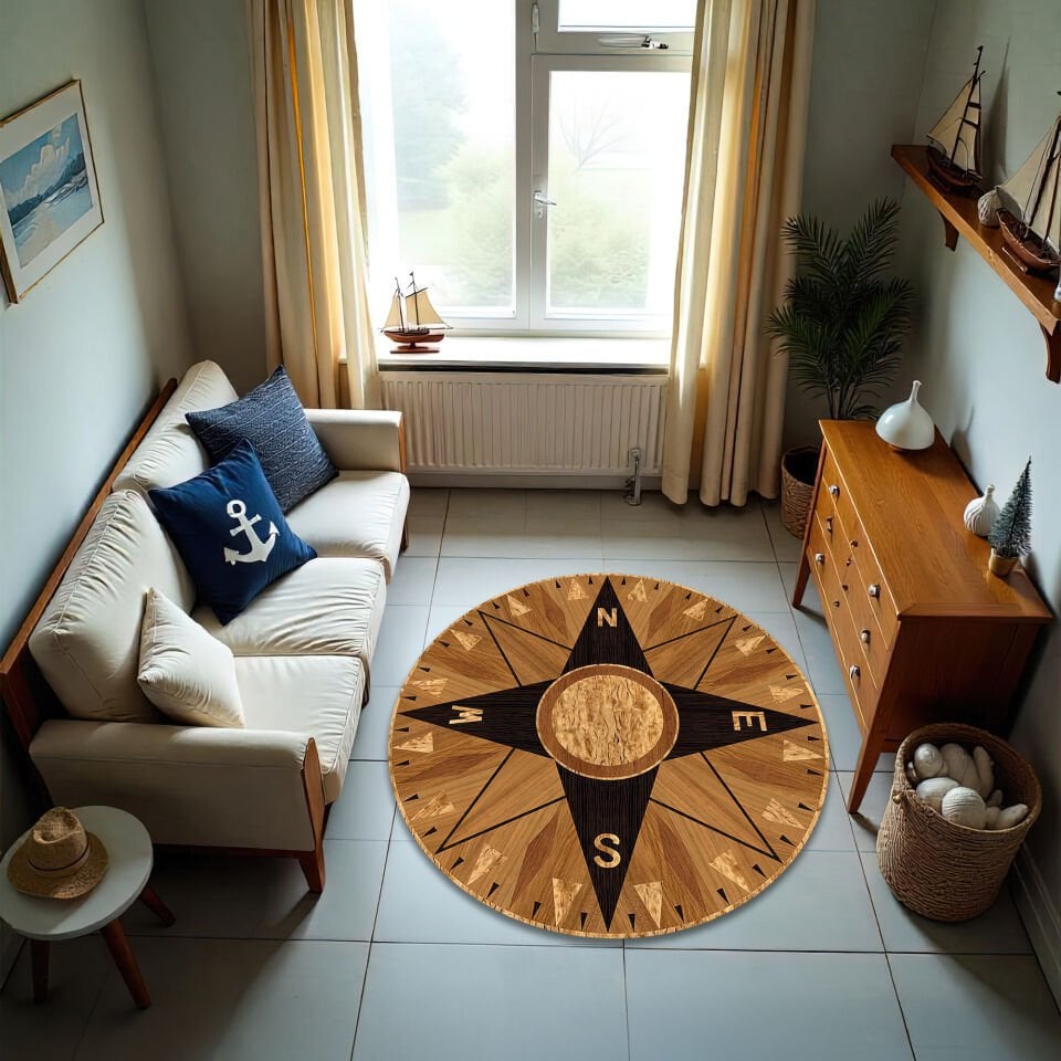 Wooden Style Compass Rose Round Rug