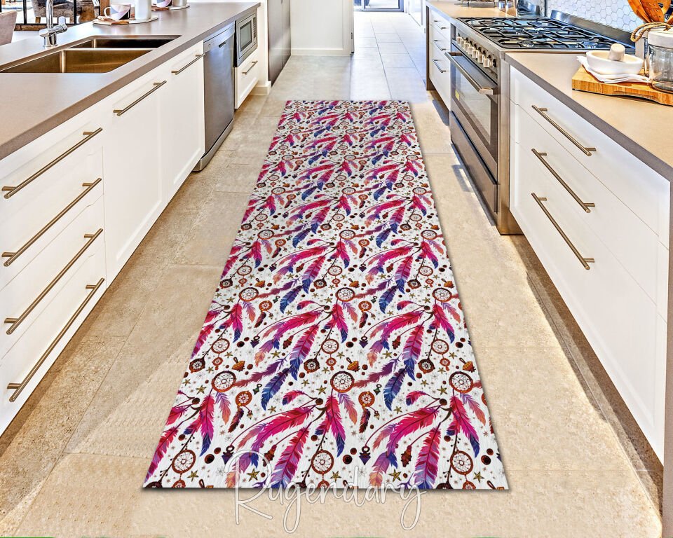 Boho Feather & Dreamcatcher Runner Rug – Vibrant Pink, Purple & Blue