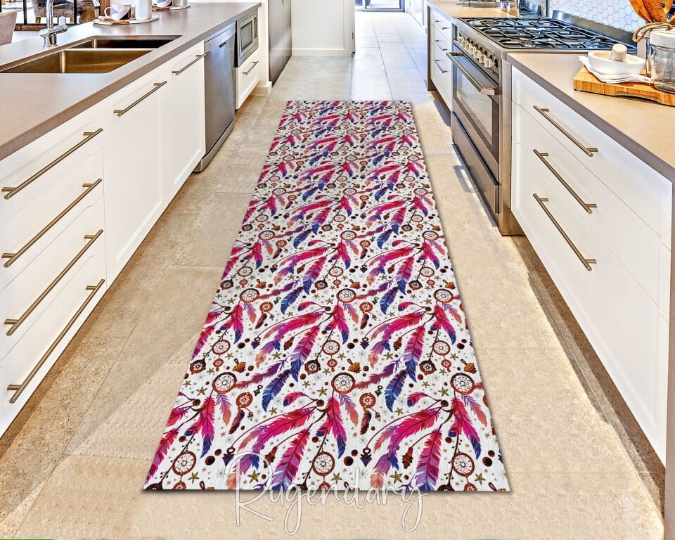 Boho Feather & Dreamcatcher Runner Rug – Vibrant Pink, Purple & Blue