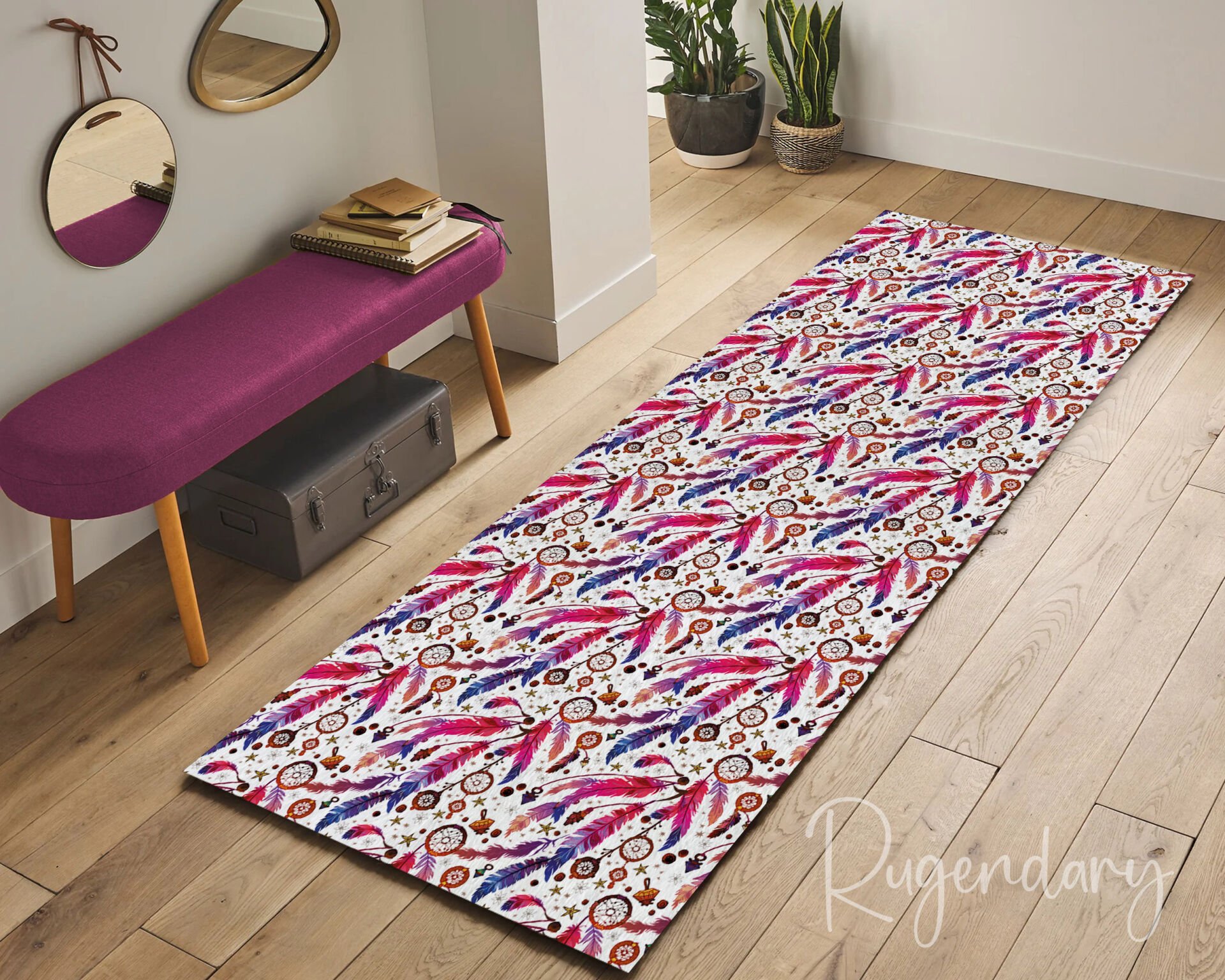 Boho Feather & Dreamcatcher Runner Rug – Vibrant Pink, Purple & Blue