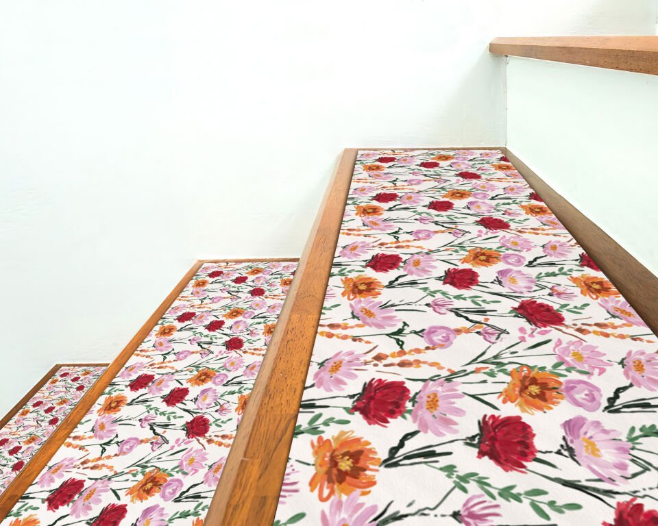 Colorful Wildflower Pattern Stair Treads – Vibrant Floral Design Stair Mats for Home Decor