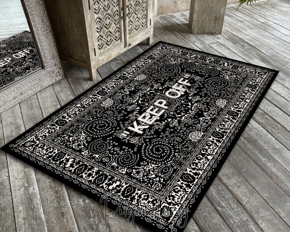 Modern Black & White Area Rug with “KEEP OFF” Quote – Bold Living Room Carpet
